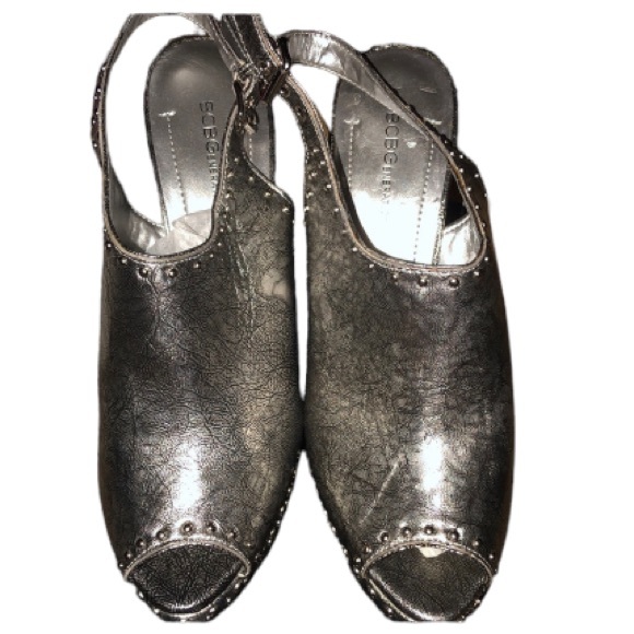 BCBG size 10 metallic Silver slingback heels peep toe - Picture 1 of 12